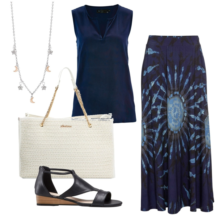 Outfit donna - Gonna lunga e maxi borsa. Stile Basic per Tutti i giorni. Abbinamento con gonne, top, sandali, collane, borse a spalla.