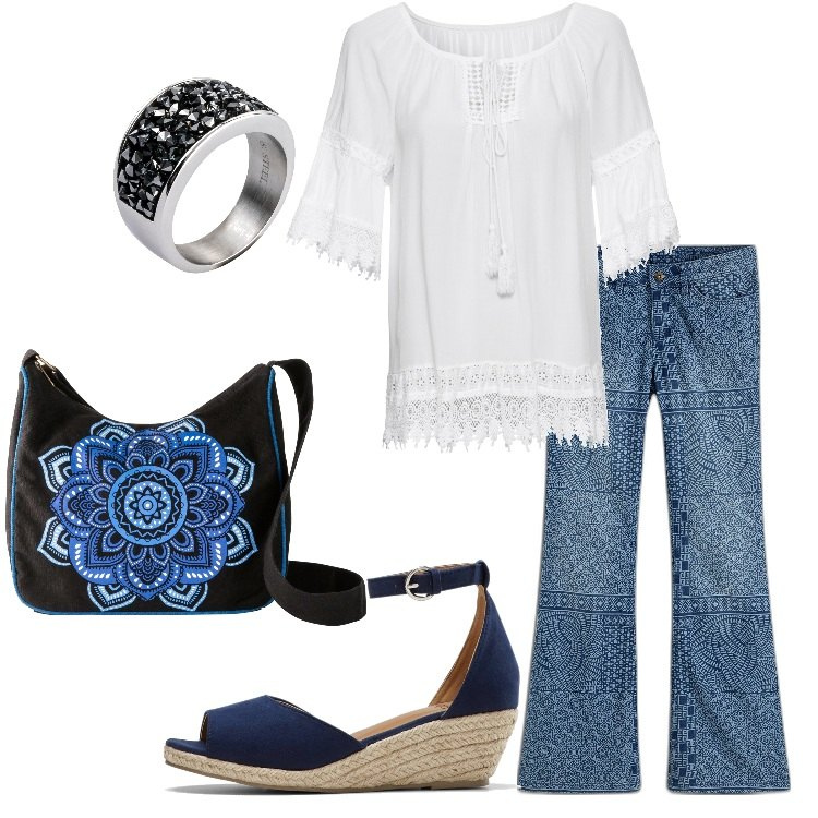 Outfit donna - BonPrix con stile. Stile Boho per Tutti i giorni. Abbinamento con anelli, jeans a zampa, tuniche, sandali, borse a tracolla.