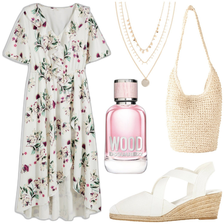 Outfit donna - Vestito floreale. Stile Romantica per Tutti i giorni. Abbinamento con collane, vestiti, sandali, shopping bag, profumi.