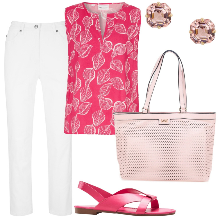 Outfit donna - Top foliage. Stile Basic per Tutti i giorni. Abbinamento con pantaloni, top, sandali, orecchini, borse a spalla.