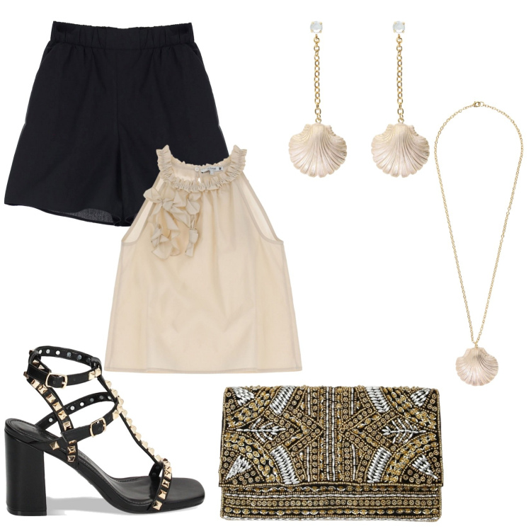 Outfit donna - Sere d\'estate. Stile Casual chic per Tutti i giorni. Abbinamento con canottiere, shorts, sandali col tacco, pochette, collane, orecchini.