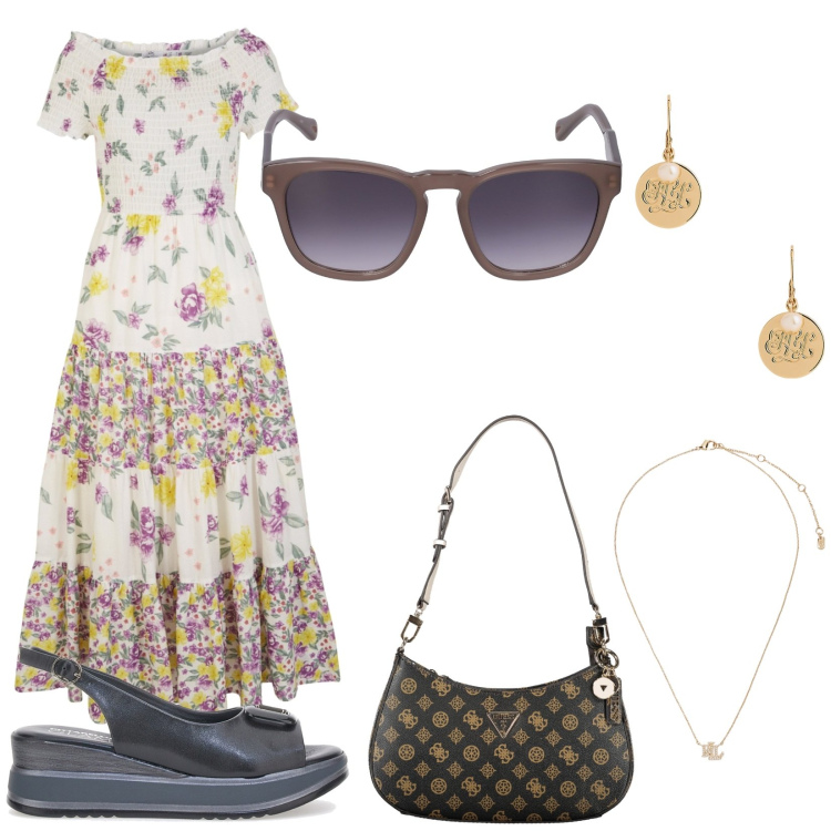 Outfit donna - Il vestito a fiori. Stile Trendy per Tutti i giorni. Abbinamento con vestiti, ciondoli, orecchini, occhiali da sole, borse a spalla, sandali in pelle.