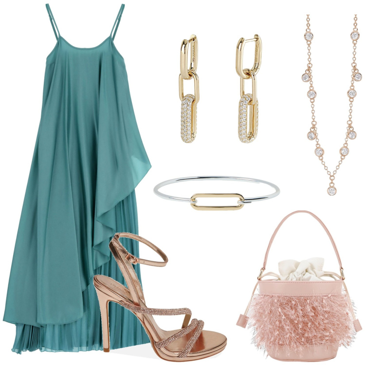 Outfit donna - Cerimonia in estate. Stile Glamour per Cerimonia. Abbinamento con orecchini, collane, sandali gioiello, borse a secchiello, vestiti lunghi, braccialetti.