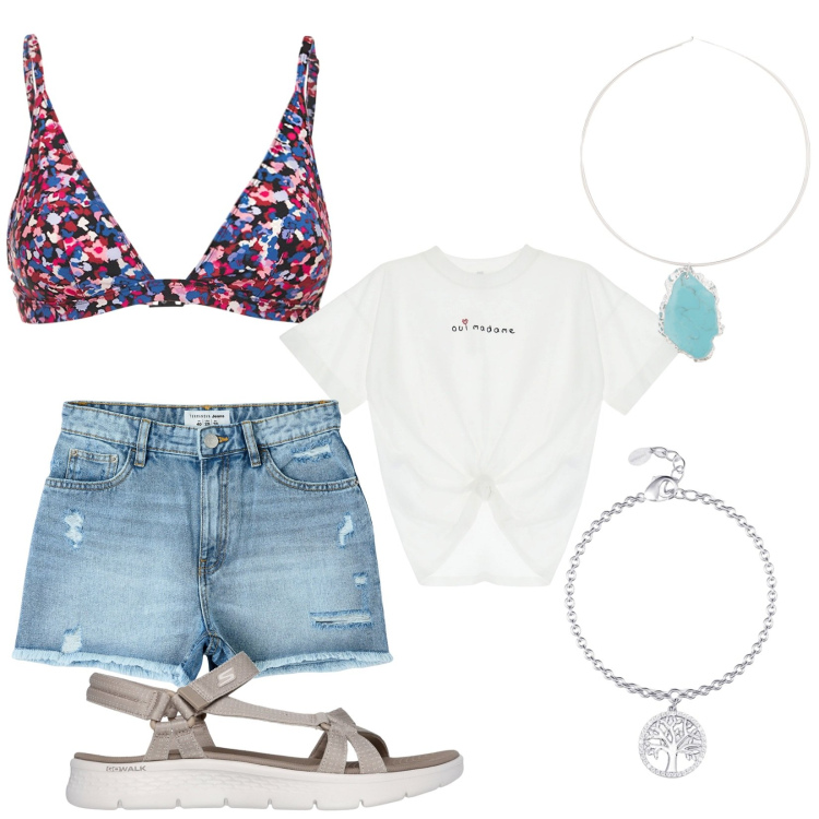 Outfit donna - Party in spiaggia. Stile Trendy per Mare. Abbinamento con shorts, braccialetti con ciondoli, t-shirt, ciondoli, bikini, sandali.