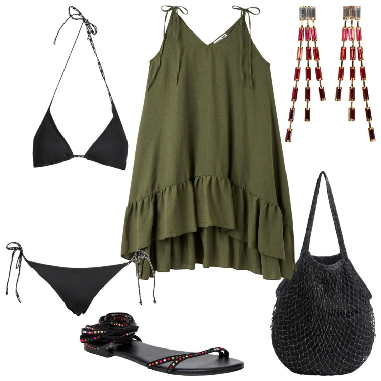 Outfit donna - Notte in spiaggia. Stile Romantica per Mare. Abbinamento con orecchini, sandali alla schiava, vestiti lunghi, borse a tracolla, bikini.