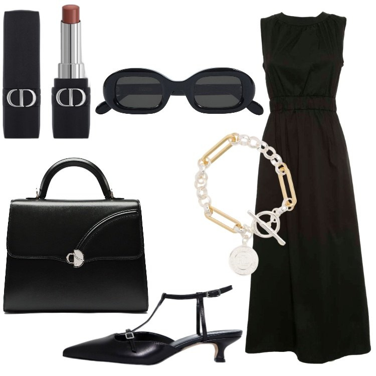 Outfit donna - Occasione Bon ton. Stile Bon Ton per Cerimonia. Abbinamento con rossetti, sandali col tacco, braccialetti, vestiti lunghi, occhiali da sole, borse a mano.