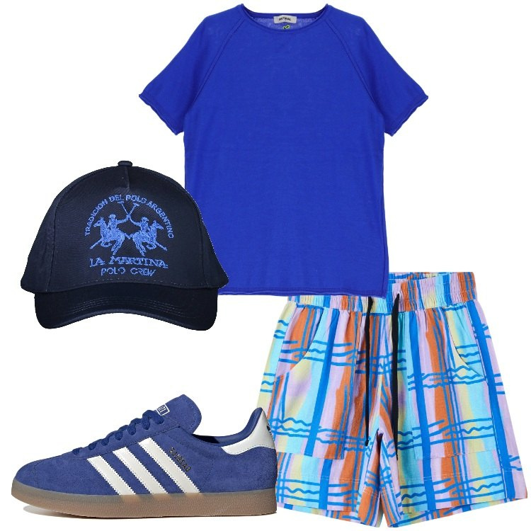 Outfit uomo - Bermuda misto lino a fantasia. Stile Trendy per Tutti i giorni. Abbinamento con bermuda, t-shirt, sneakers, cappelli con visiera.
