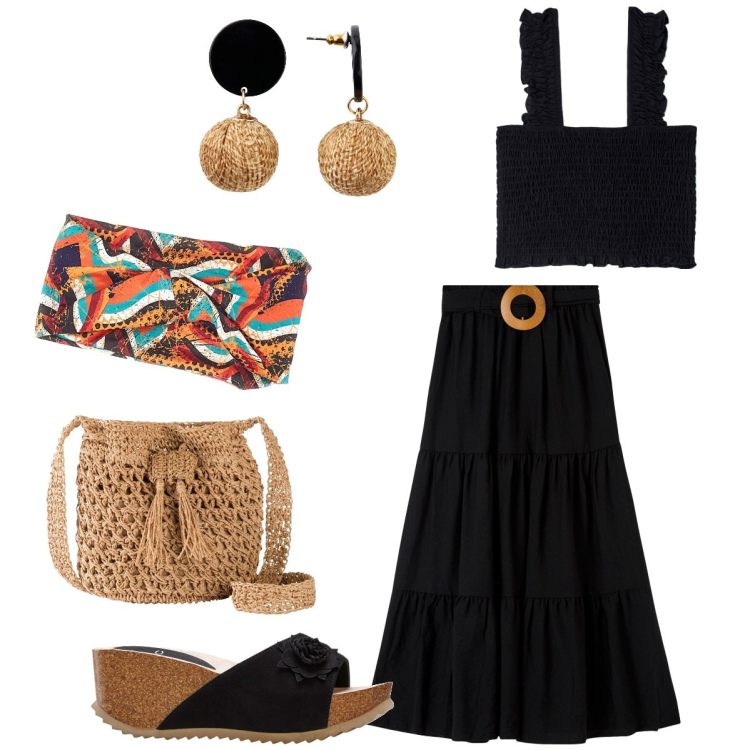 Outfit donna - Paglia e nero per tutti i giorni. Stile Preppy per Tutti i giorni. Abbinamento con orecchini, sandali, borse a tracolla, top, gonne lunghe, fasce per capelli.