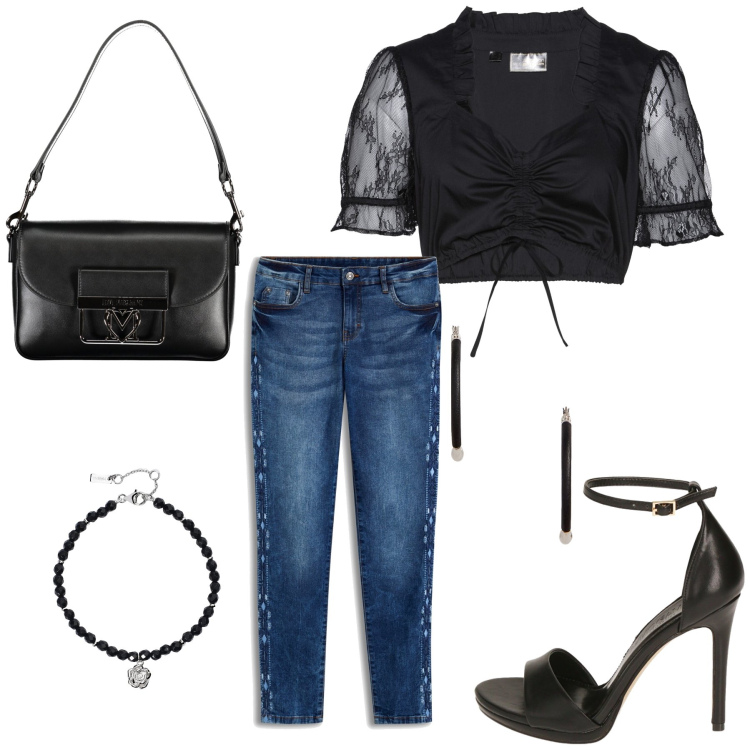 Outfit donna - Total look #1908863. Stile Glamour per Serata fuori. Abbinamento con jeans skinny, camicie, braccialetti, sandali col tacco, orecchini, borse a tracolla.