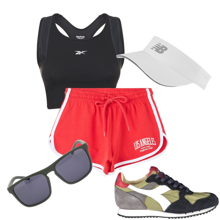 Outfit donna - Corsa mattutina. Stile Sporty chic per Sport. Abbinamento con shorts, cappelli con visiera, canottiere, sneakers, occhiali da sole.