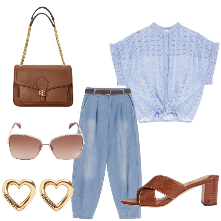 Outfit donna - Total look #1908867. Stile Glamour per Tutti i giorni. Abbinamento con bluse, jeans, borse a spalla, sandali in pelle, orecchini, occhiali da sole.