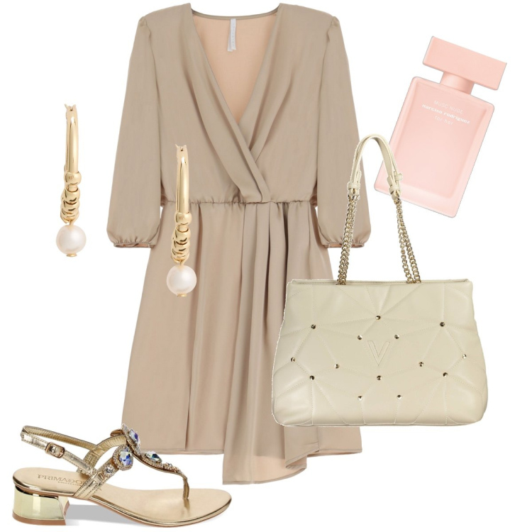 Outfit donna - I sandali gioiello. Stile Bon Ton per Serata fuori. Abbinamento con profumi, vestiti corti, sandali gioiello, orecchini, borse a spalla.