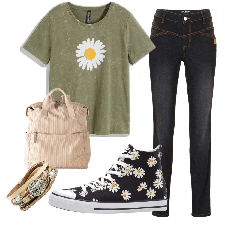 Outfit donna - M\'ama, non m\'ama .... Stile Basic per Tutti i giorni. Abbinamento con zaini, sneakers alte, braccialetti, t-shirt, jeans skinny.