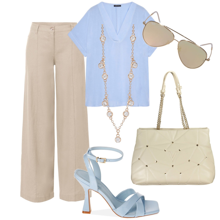 Outfit donna - Fresca pastello. Stile Glamour per Tutti i giorni. Abbinamento con pantaloni a palazzo, collane, sandali col tacco, bluse, borse a spalla, occhiali da sole.