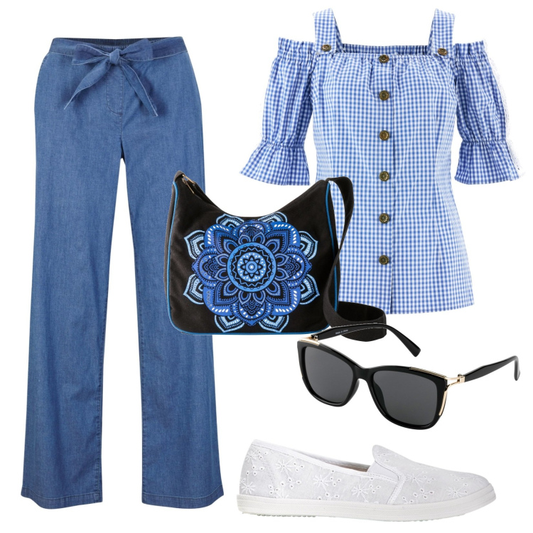 Outfit donna - Una gita in campagna. Stile Casual chic per Tutti i giorni. Abbinamento con camicie a manica corta, ballerine, pantaloni, borse a tracolla, occhiali da sole.