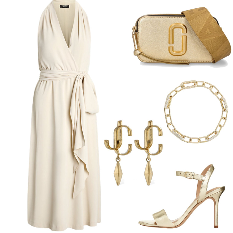 Outfit donna - Bianco dorato. Stile Chic per Cerimonia. Abbinamento con braccialetti, vestiti senza maniche, sandali in pelle, orecchini, borse a spalla.