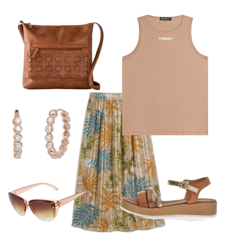 Outfit donna - Total look #1908884. Stile Casual per Ufficio. Abbinamento con borse a tracolla, occhiali da sole, gonne lunghe, orecchini, canottiere, sandali.