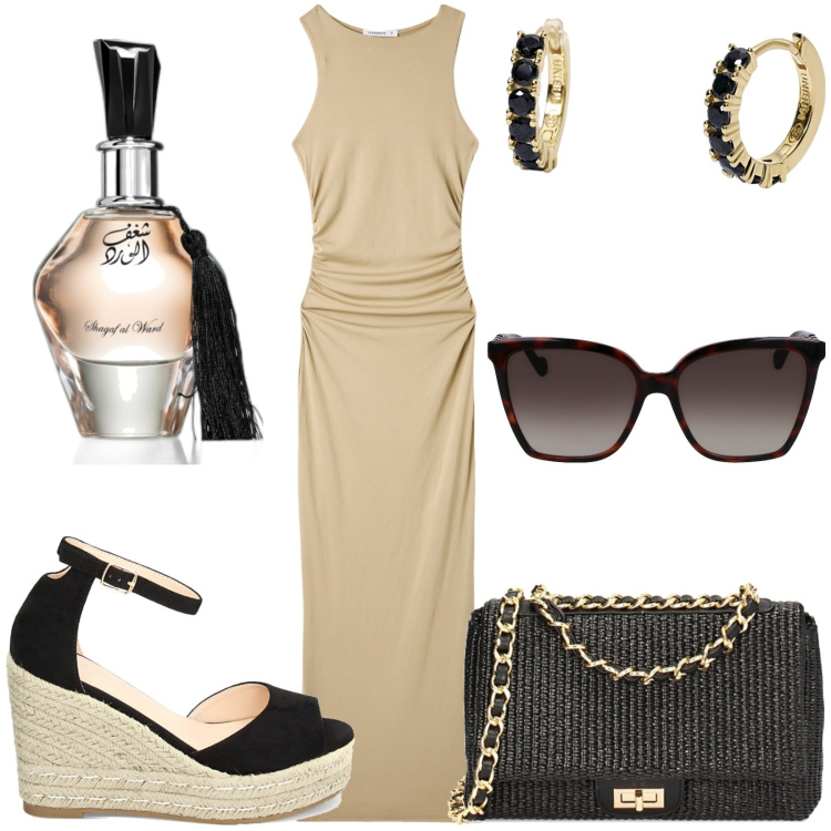 Outfit donna - Pranzo vista mare. Stile Casual chic per Tutti i giorni. Abbinamento con profumi, vestiti lunghi, orecchini, borse a tracolla, zeppe, occhiali da sole.