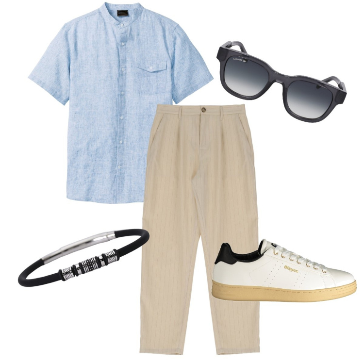 Outfit uomo - La camicia azzurra. Stile Trendy per Ufficio. Abbinamento con camicie a manica corta, braccialetti, pantaloni, sneakers, occhiali da sole.