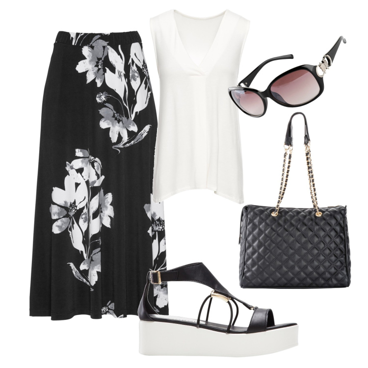 Outfit donna - Aperitivo comodamente stiloso. Stile Glamour per Tutti i giorni. Abbinamento con top, shopping bag, gonne, sandali col tacco, occhiali da sole.
