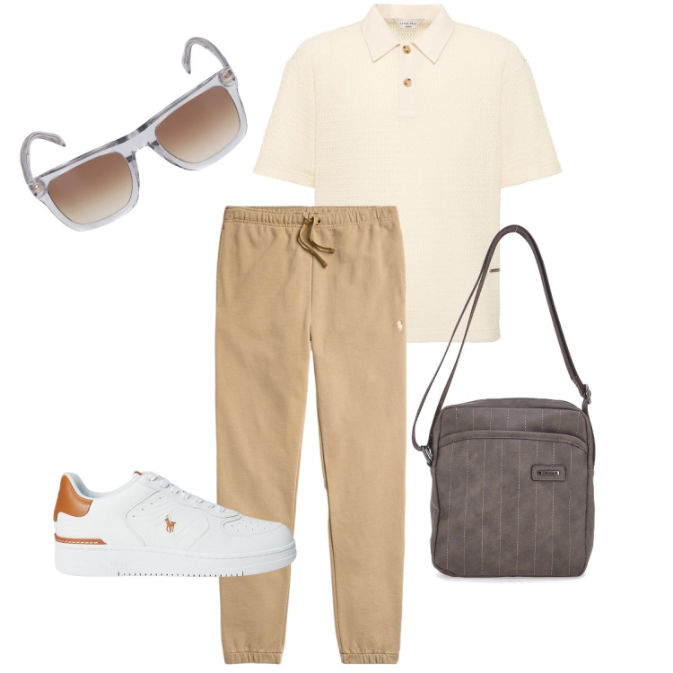 Outfit uomo - La polo color burro. Stile Urban per Ufficio. Abbinamento con sneakers, pantaloni, portafogli, occhiali da sole, polo.