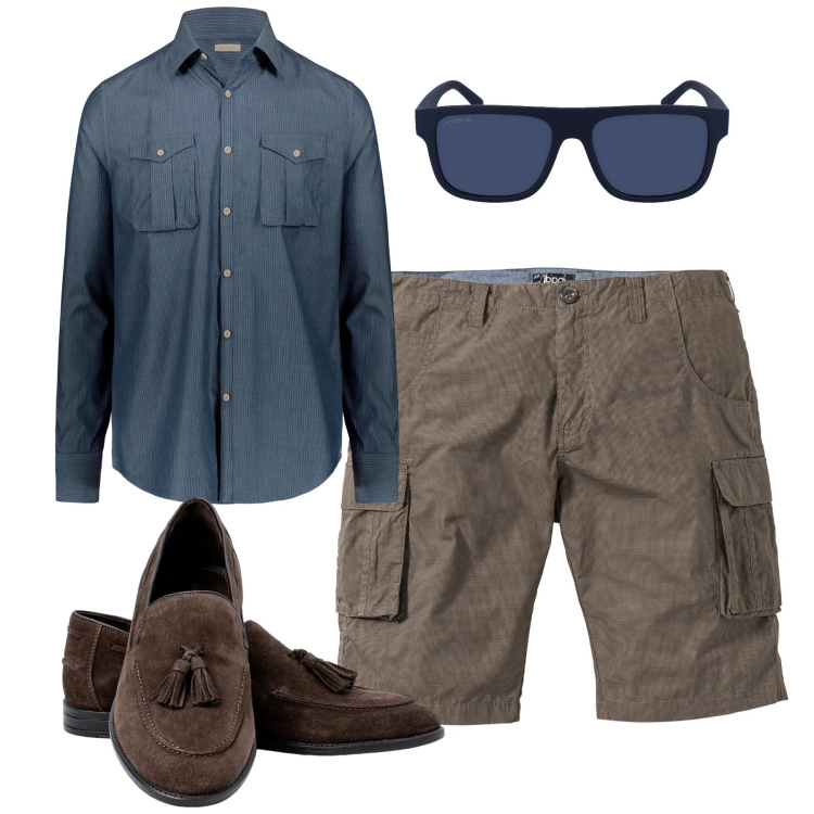 Outfit uomo - City. Stile Urban per Tutti i giorni. Abbinamento con bermuda, camicie, occhiali da sole, scarpe stringate.