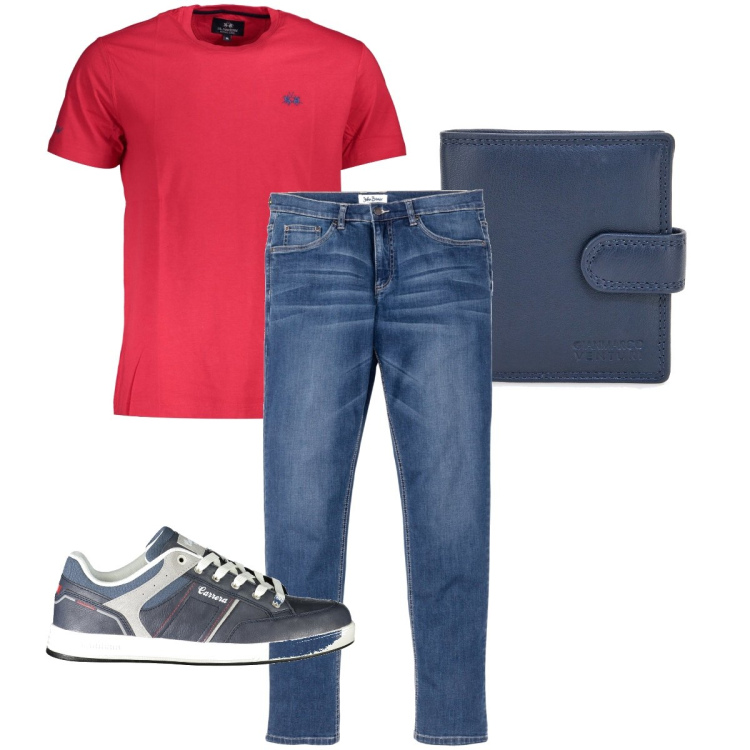 Outfit uomo - La t-shirt rossa. Stile Casual per Ufficio. Abbinamento con jeans, portafogli, t-shirt, sneakers.