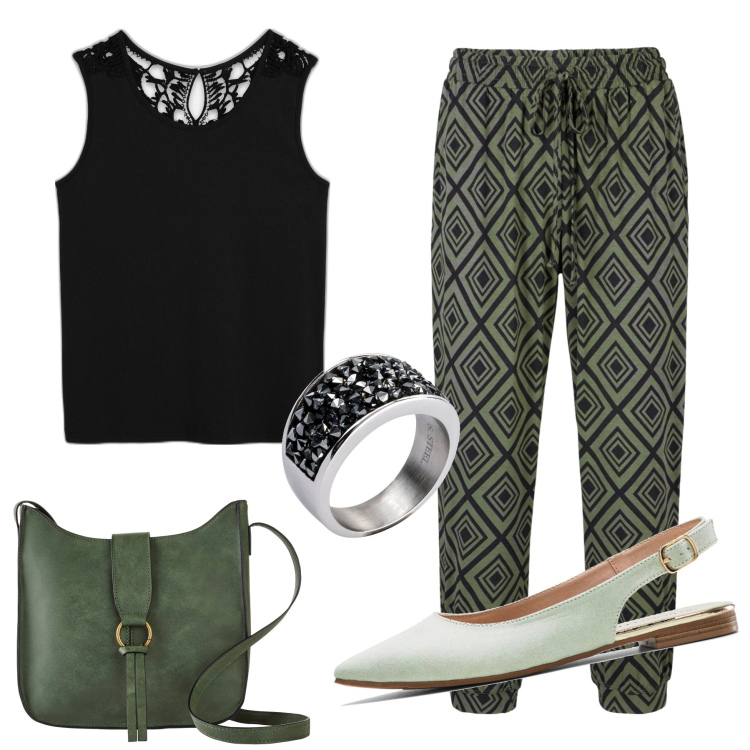 Outfit donna - Verde e nero. Stile Urban per Tutti i giorni. Abbinamento con pantaloni, anelli, borse a tracolla, ballerine, top.