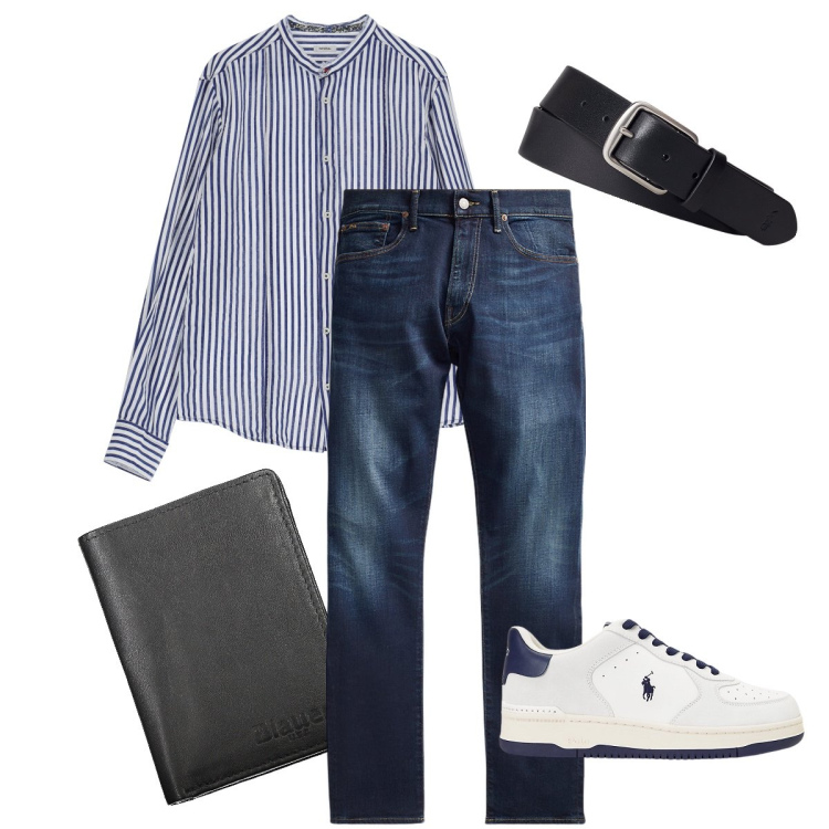 Outfit uomo - La camicia a righe. Stile Urban per Ufficio. Abbinamento con camicie, jeans, cinture, sneakers, portafogli.