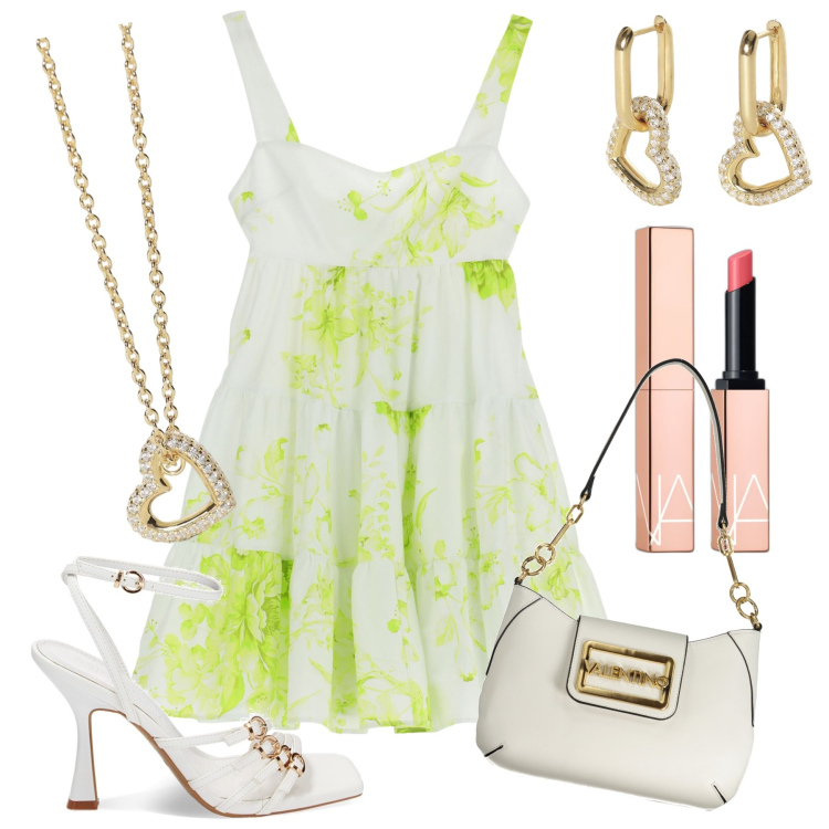 Outfit donna - Cerimonia informale estiva. Stile Romantica per Cerimonia. Abbinamento con rossetti, orecchini, collane, vestiti corti, sandali col tacco, borse a spalla.