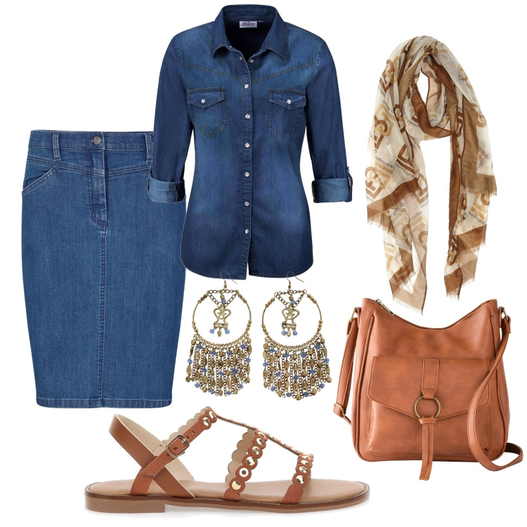 Outfit donna - Immancabili jeans & cuoio. Stile Boho per Tutti i giorni. Abbinamento con camicie, borse a tracolla, gonne, orecchini, sandali, sciarpe.