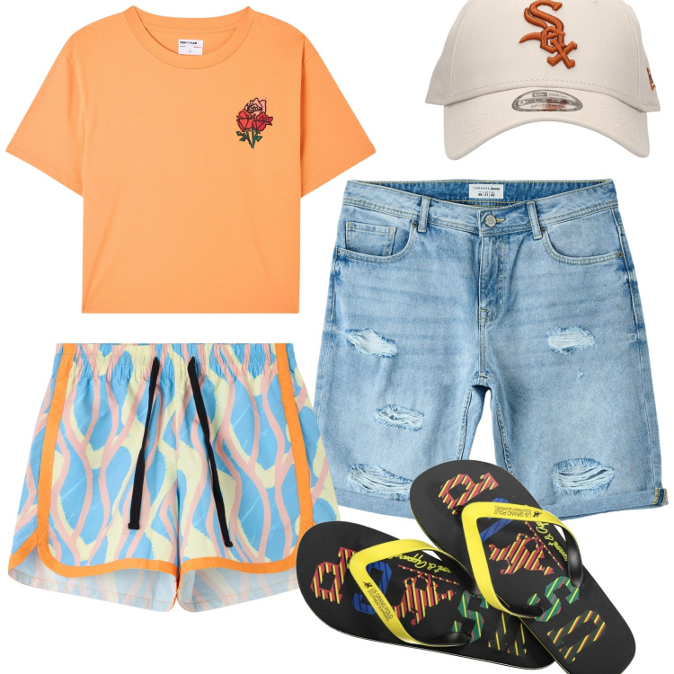 Outfit uomo - Mare. Stile Trendy per Mare. Abbinamento con t-shirt, costumi, shorts, sandali, cappelli.