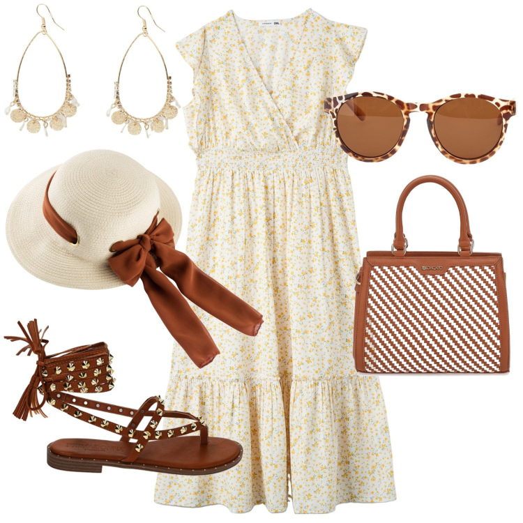 Outfit donna - Romantica. Stile Romantica per Tutti i giorni. Abbinamento con cappelli, vestiti, orecchini, sandali, borse a mano, occhiali da sole.