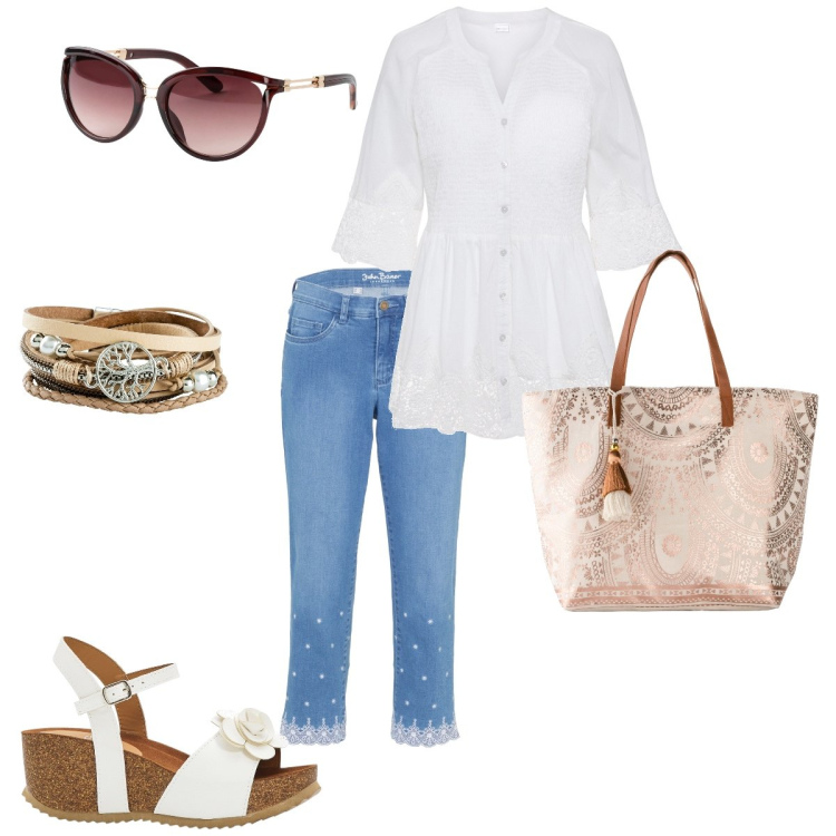 Outfit donna - Easy & chic. Stile Casual chic per Tutti i giorni. Abbinamento con jeans dritti, sandali, braccialetti, occhiali da sole, camicie, shopping bag.