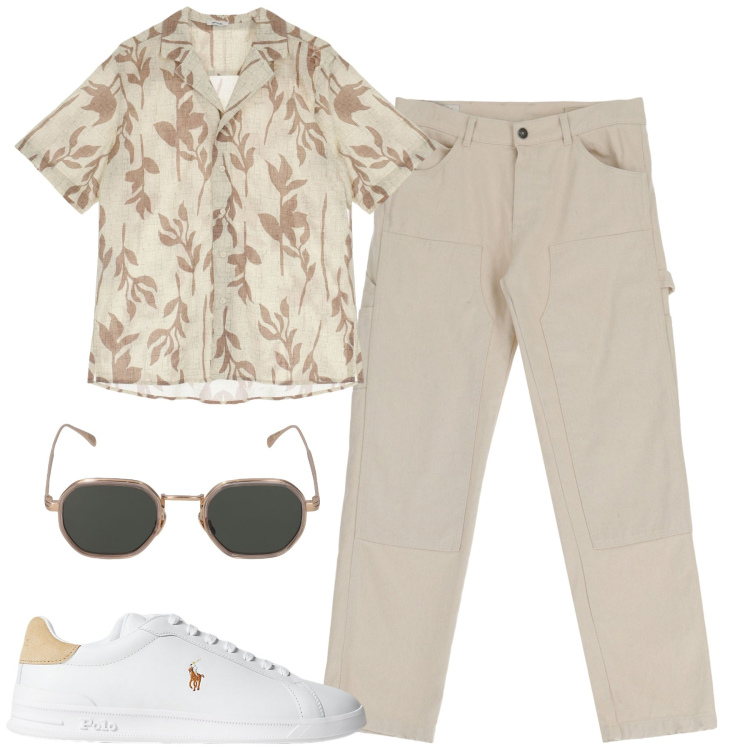 Outfit uomo - Panna e tabacco. Stile Trendy per Serata speciale. Abbinamento con pantaloni, camicie a manica corta, sneakers, occhiali da sole.