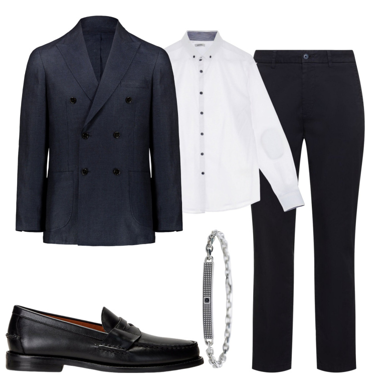 Outfit uomo - Doppiopetto blu. Stile Business/Elegante per Cerimonia. Abbinamento con braccialetti, camicie, scarpe stringate, giacche, pantaloni.