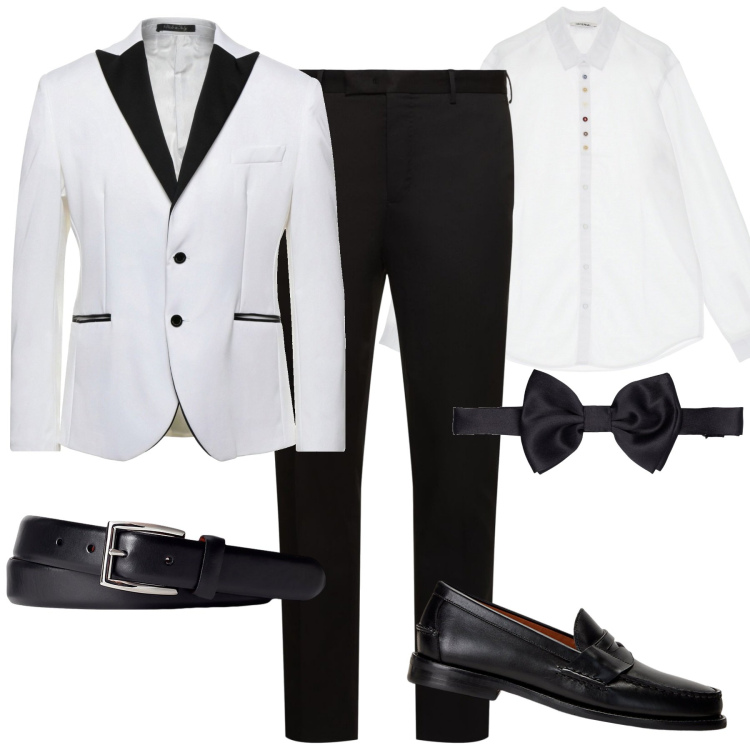 Outfit uomo - Glamour. Stile Business/Elegante per Cerimonia. Abbinamento con giacche, camicie, cinture, scarpe stringate, papillon, pantaloni.