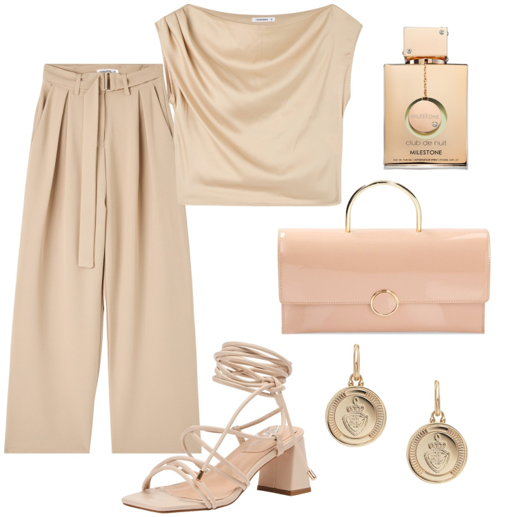 Outfit donna - Estate fresco nude in ufficio. Stile Bon Ton per Ufficio. Abbinamento con profumi, bluse, pantaloni, sandali alla schiava, pochette, orecchini.