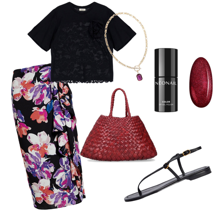 Outfit donna - Borsa rossa. Abbinamento con smalti, gonne, collane, sandali in pelle, t-shirt, borse a mano.