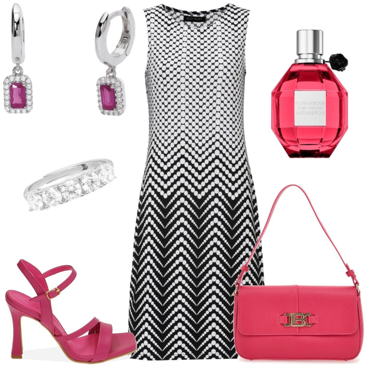 Outfit donna - Geometrie. Stile Chic per Tutti i giorni. Abbinamento con vestiti, profumi, orecchini, anelli, sandali col tacco, borse a spalla.