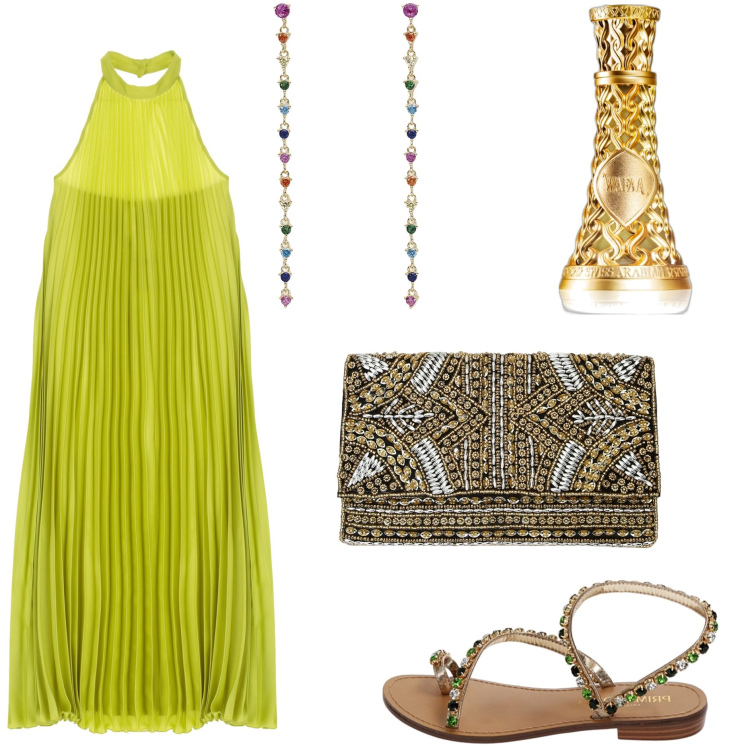 Outfit donna - Serata. Stile Etnico per Serata fuori. Abbinamento con profumi, orecchini, sandali gioiello, vestiti lunghi, pochette.