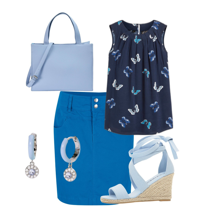 Outfit donna - Total look #1908979. Stile Casual per Ufficio. Abbinamento con top, minigonne, sandali, shopping bag, orecchini.