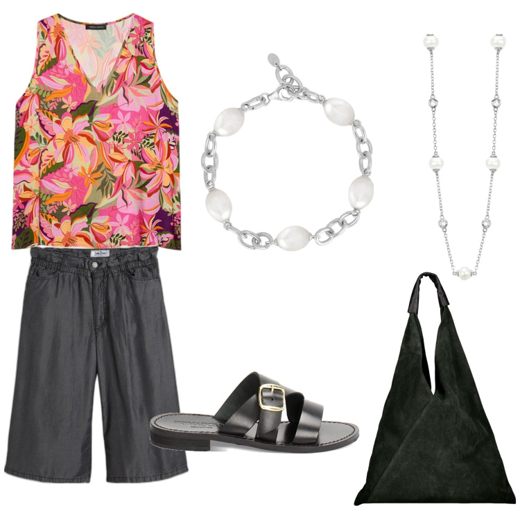 Outfit donna - Festa sulla spiaggia ( donna curvy). Stile Trendy per Mare. Abbinamento con bermuda, braccialetti, collane, sandali in pelle, borse a spalla, top.