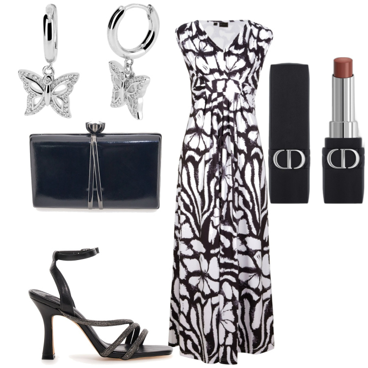 Outfit donna - Serata. Stile Chic per Serata fuori. Abbinamento con vestiti lunghi, rossetti, orecchini, sandali col tacco, pochette.