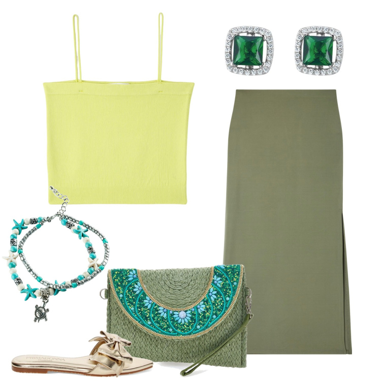 Outfit donna - Toni di verde. Stile Basic per Tutti i giorni. Abbinamento con collane, gonne lunghe, canottiere, orecchini, sandali, borse a tracolla.