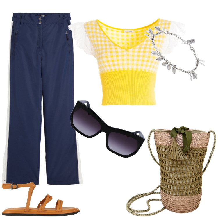 Outfit donna - La maglietta gialla. Stile Trendy per Mare. Abbinamento con pantaloni, sandali in pelle, top, borse a secchiello, occhiali da sole, braccialetti.