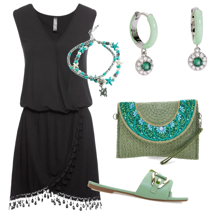 Outfit donna - Aperitivo con gli amici. Stile Chic per Serata fuori. Abbinamento con vestiti, collane, orecchini, borse a tracolla, ciabatte.