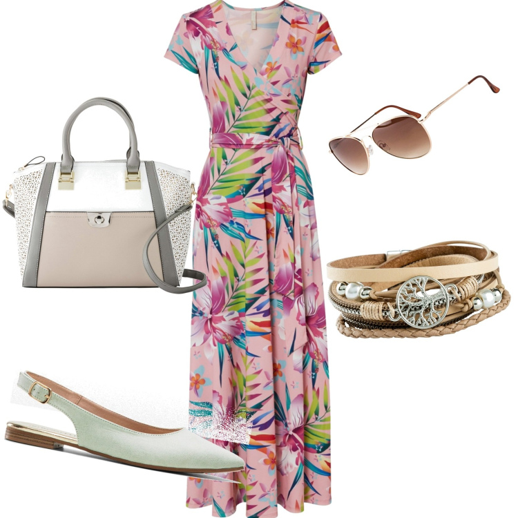 Outfit donna - In lungo colorato. Stile Casual chic per Tutti i giorni. Abbinamento con braccialetti, occhiali da sole, vestiti lunghi, ballerine, borse a mano.