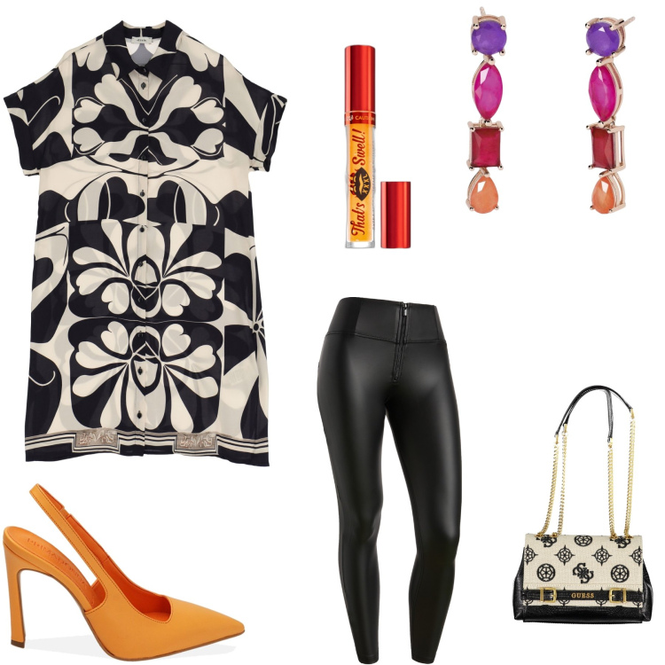 Outfit donna - Risplendi. Stile Casual per Tutti i giorni. Abbinamento con gloss, orecchini, pantaloni skinny, décolleté, vestiti corti, borse a spalla.
