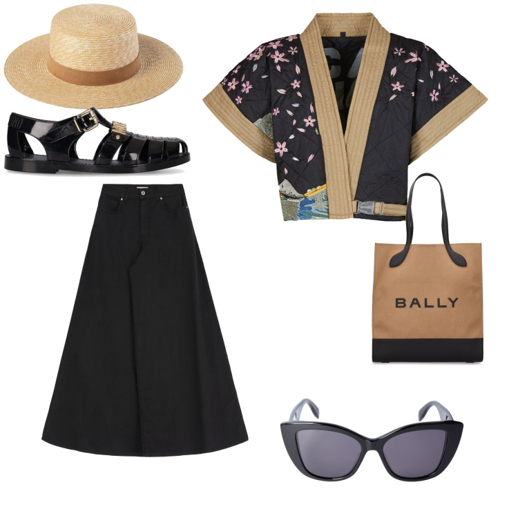 Outfit donna - Riso e sole. Stile Mannish per Tutti i giorni. Abbinamento con pantaloni a palazzo, kimono, occhiali da sole, cappelli, sandali col tacco, shopping bag.